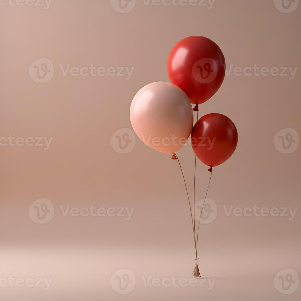 Three balloons in the pastel shades pink cream red floating with soft ribbons tied together minimal festive concept photo