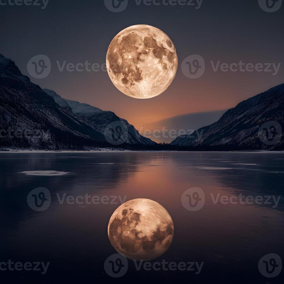 Full moon rising over lake reflecting on calm water between snowy mountain peaks at dusk photo