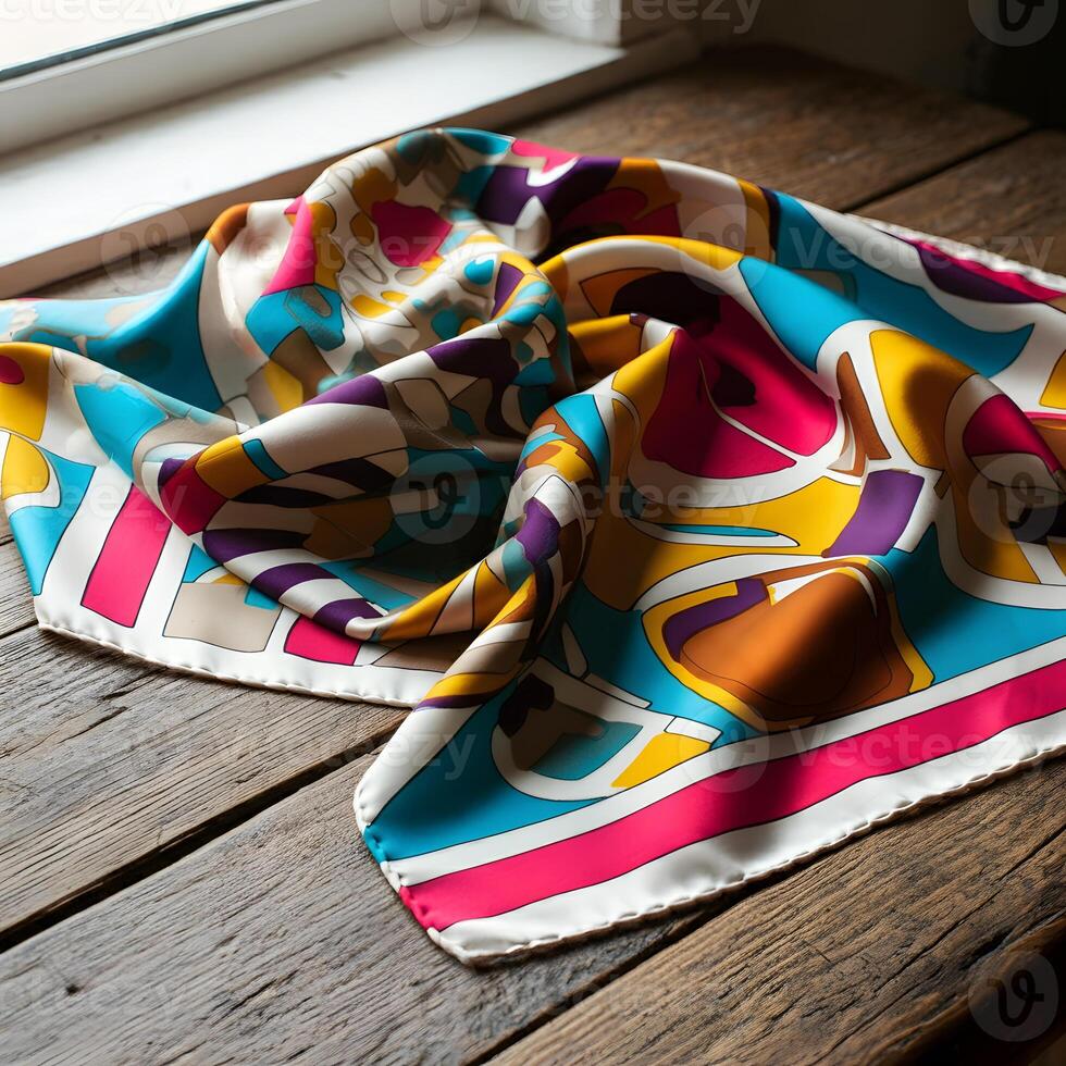 Vibrant floral silk scarf with a colorful intricate pattern close up boho style fashion accessory with soft natural light photo