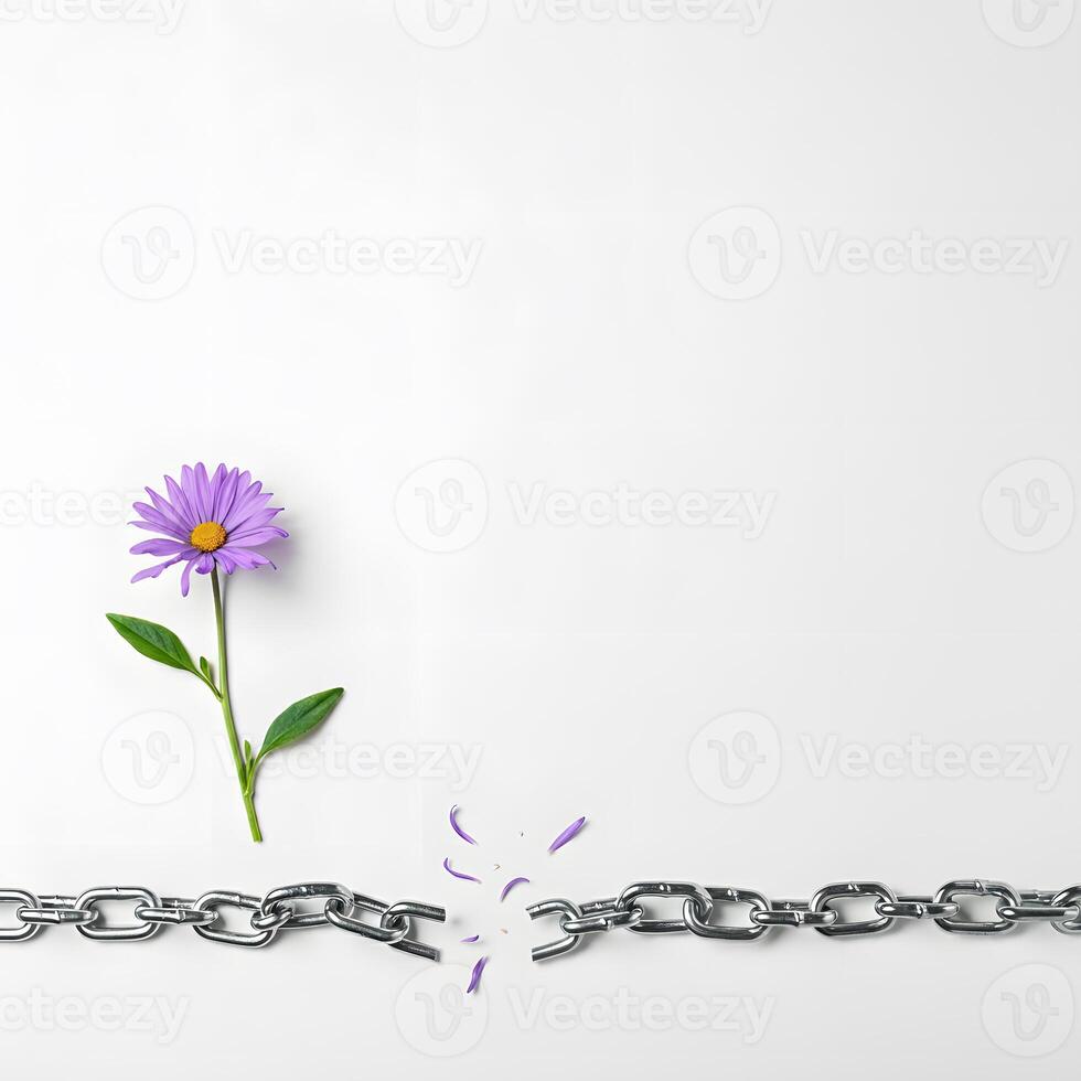 Flower petal breaking metal chain symbolizing freedom vulnerability strength on soft blue background minimal style photo