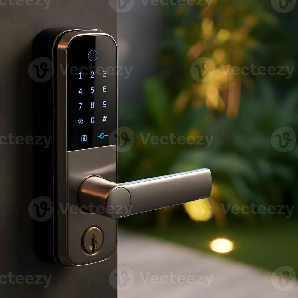 Modern digital smart door lock with illuminated keypad touchscreen security system on home entrance photo