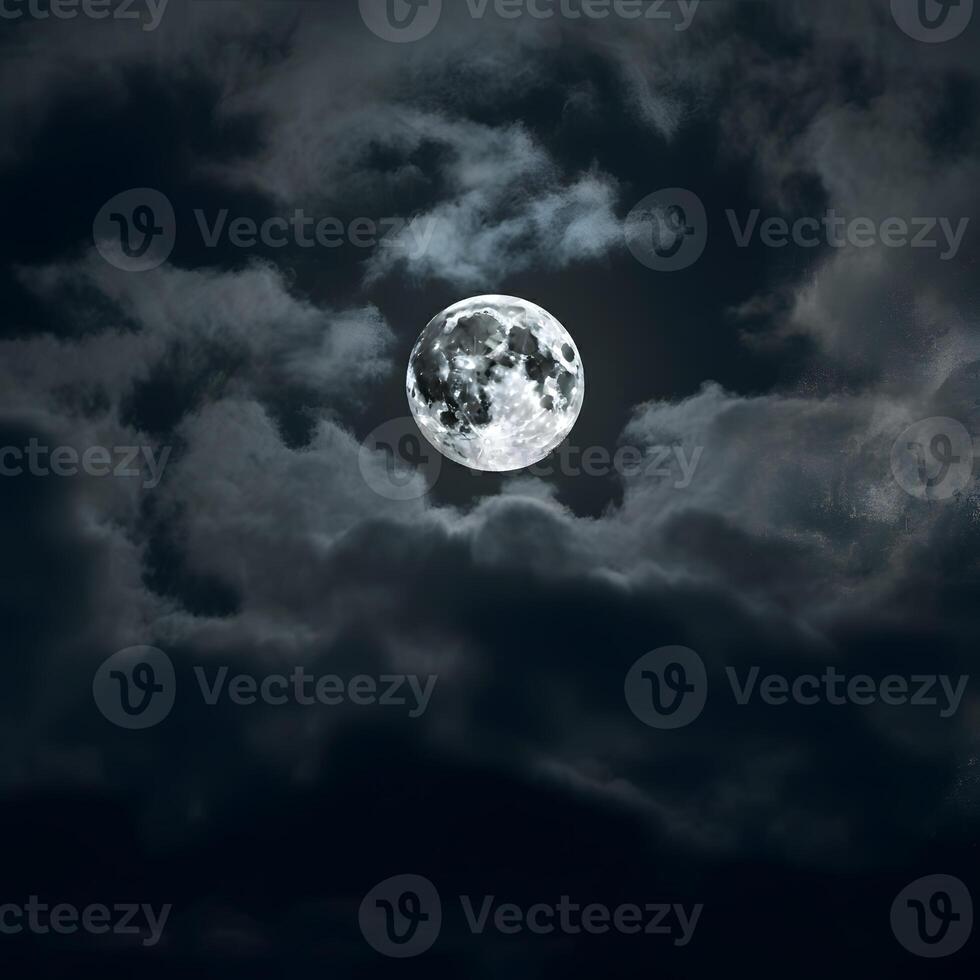 Bright full moon illuminating swirling dark clouds at night in a moody atmospheric sky photo