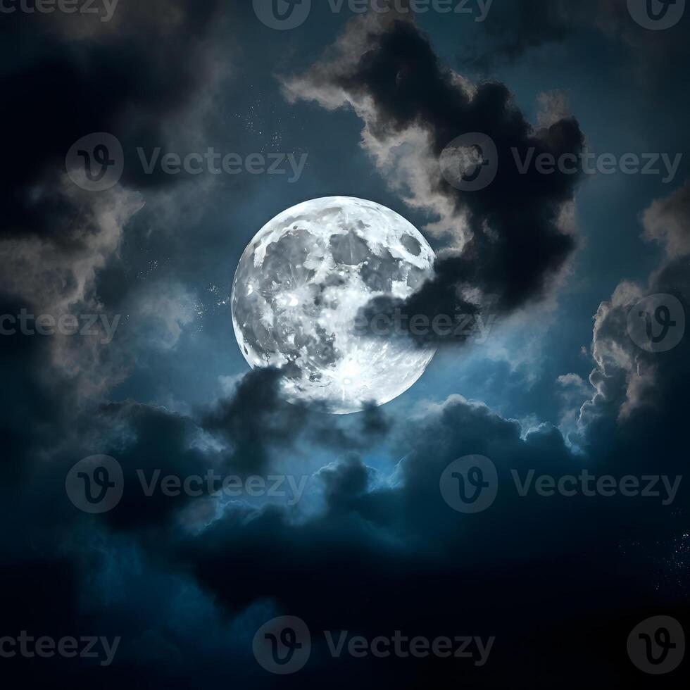 Bright full moon illuminating swirling dark cloud at night in a moody atmospheric sky photo