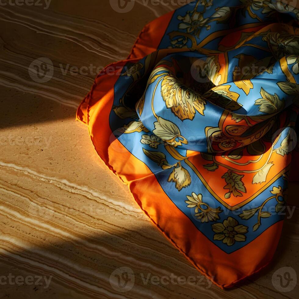 Vibrant floral silk scarf with colorful intricate pattern close up boho style fashion soft natural light photo