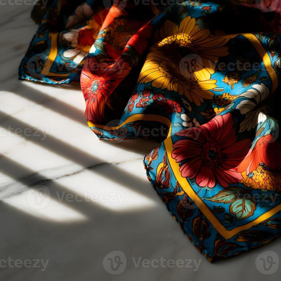 Vibrant floral silk scarf with colorful intricate pattern close up boho style fashion accessory soft natural light photo