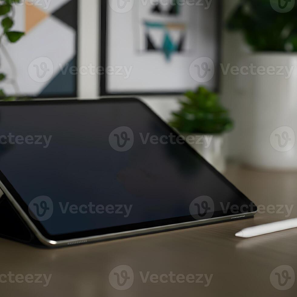 Digital tablet with blank screen on a wooden desk with white stylus and potted green plants in modern home office photo