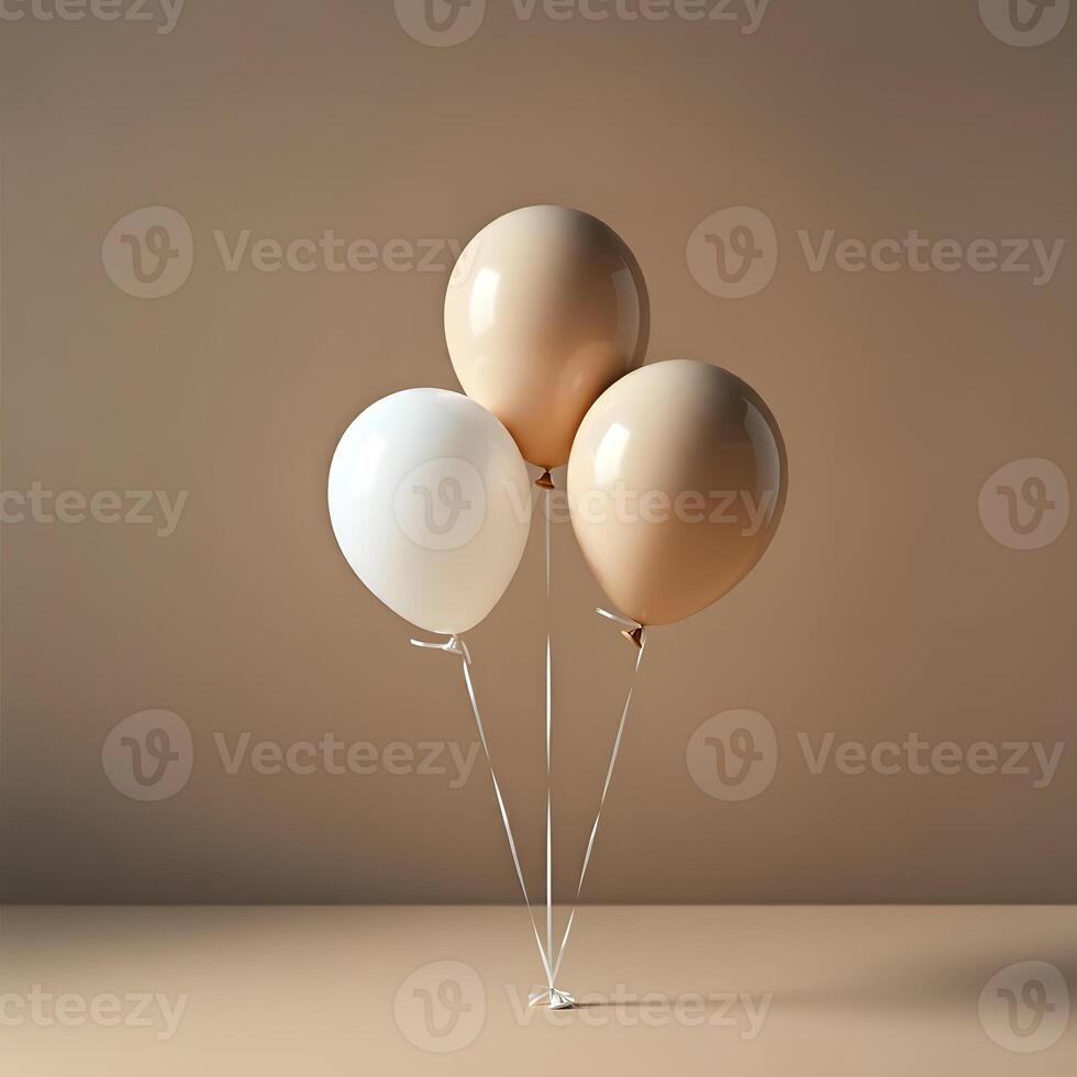 Beige and white balloons floatings with delicate ribbons against neutral background minimal elegant party decor concept photo