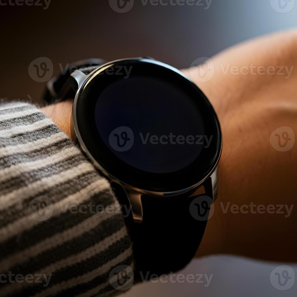 Close up of modern smart watch on a persons wrist with blank black screen photo