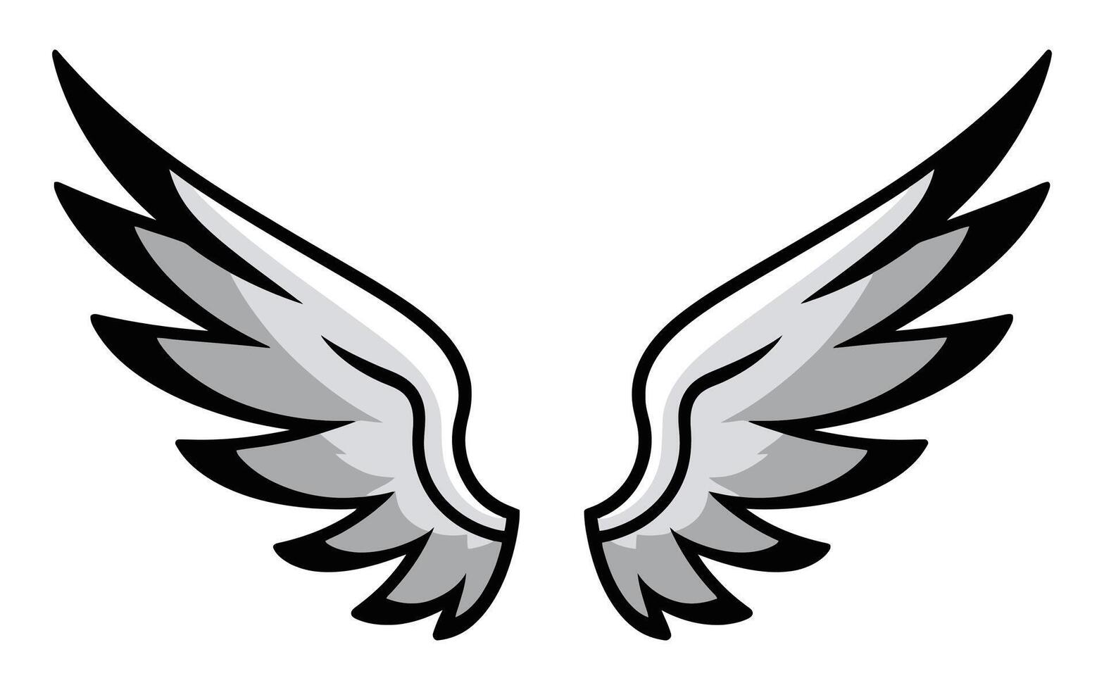 Symmetrical black-and-white wings illustration with curved edges and pointed tips. Thin feather lines on a clean white background highlight aerodynamic design for minimalist or symbolic themes. vector