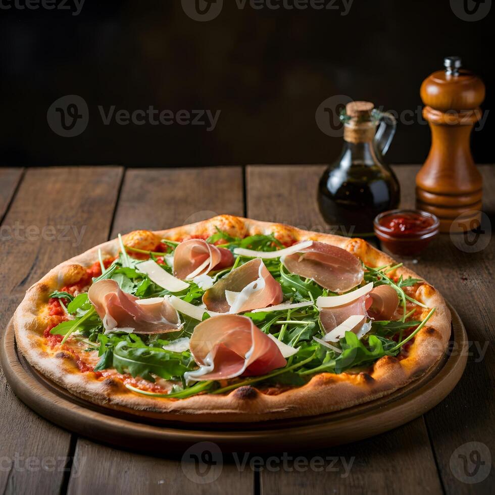 Gourmet Italian pizza with prosciutto arugula parmesan on wooden table rustic dining setting authentic Neapolitan flavors photo