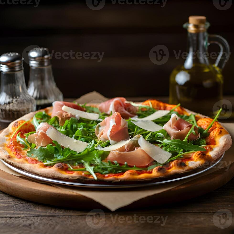 Gourmet Italian pizza with prosciutto arugula parmesan on wooden table rustic dining setting of authentic Neapolitan flavors photo