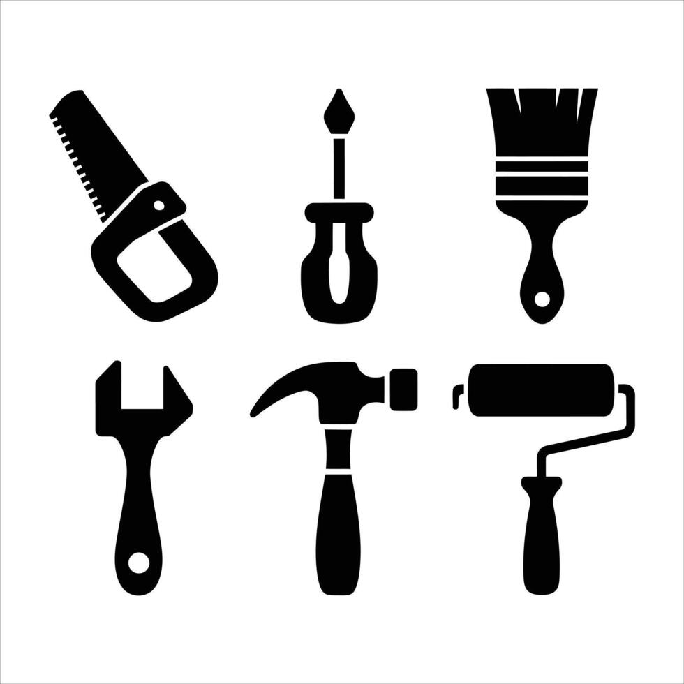 Construction Tools Icons - Saw, Hammer, Wrench, Paintbrush, Screwdriver, and Roller Set vector