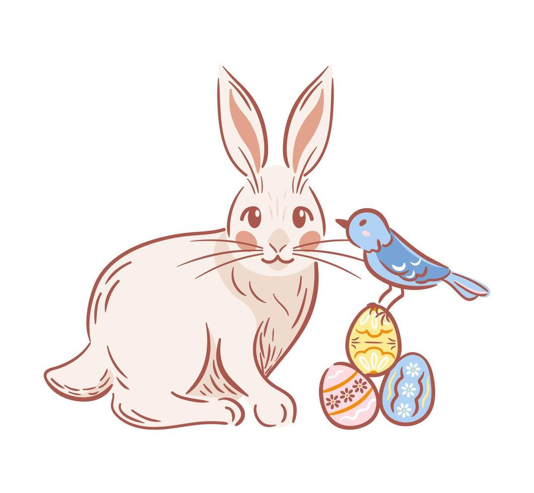 A cute Easter bunny near decorated eggs, accompanied by a cheerful little bird. Charming illustration done in a whimsical sketch style, perfect for adding warmth vector