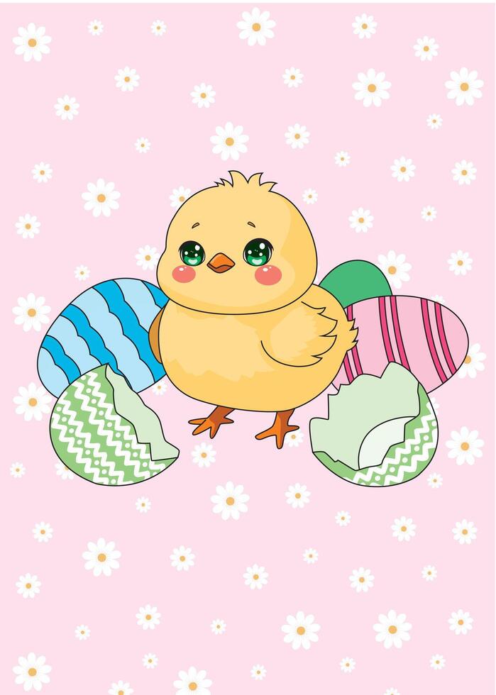 Easter Chick With Egg White Flower Background vector