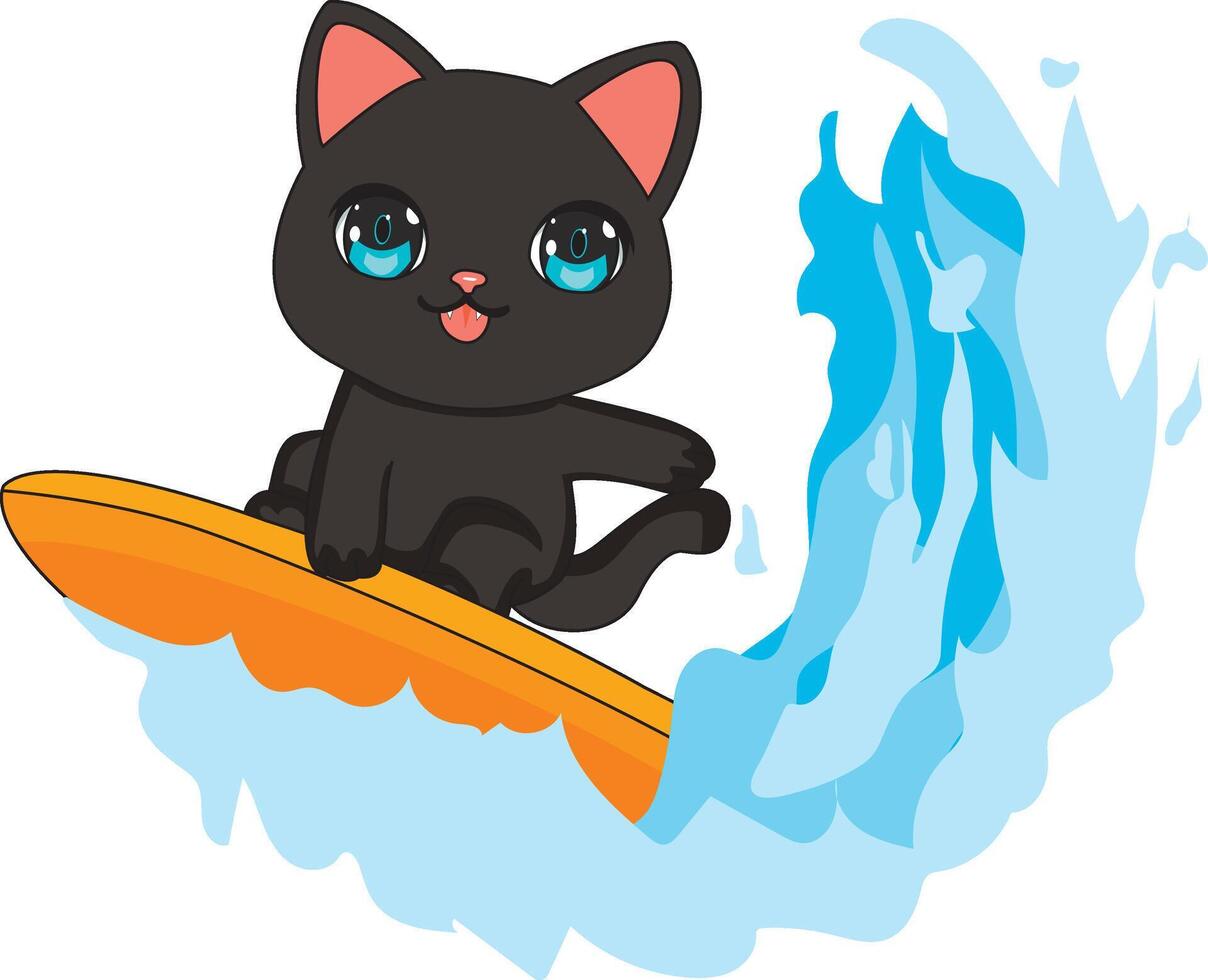 Black Cat In Surfing Board With Waves Mascot vector