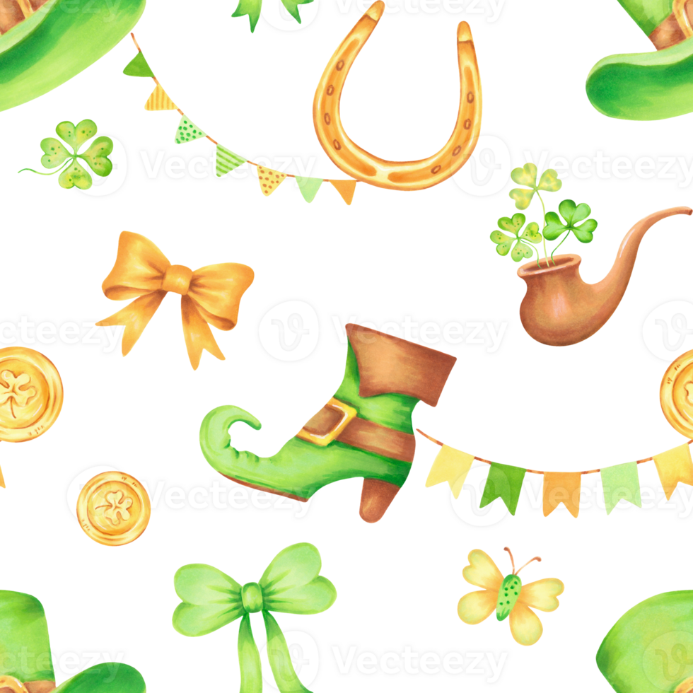Seamless pattern with top hat, golden horseshoe and coin, clover,boot and pipe for St. Patrick's Day. Watercolor illustration. Hand drawn isolated background. Symbol of good luck, wealth or success png