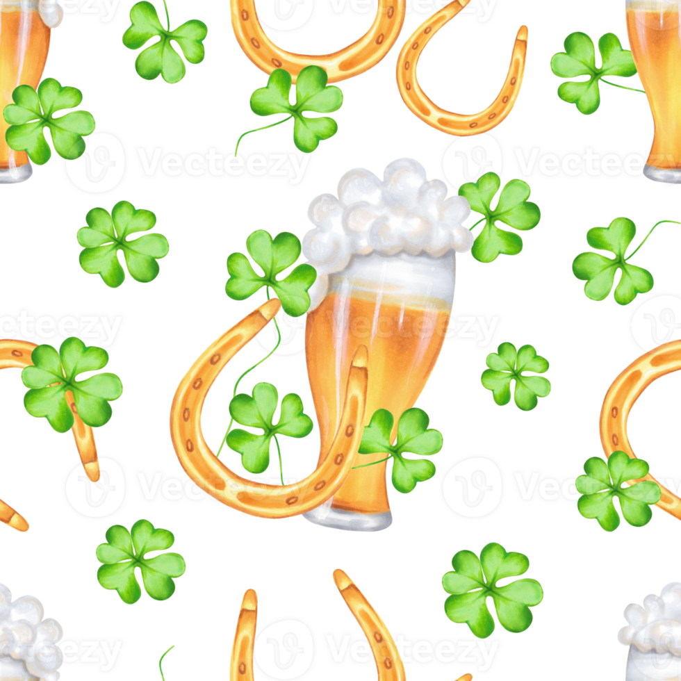 Seamless pattern with a glass of beer with a golden horseshoe and clover petals for St. Patrick's Day. Watercolor illustration. Symbol of good luck, wealth or success. Hand drawn isolated background png