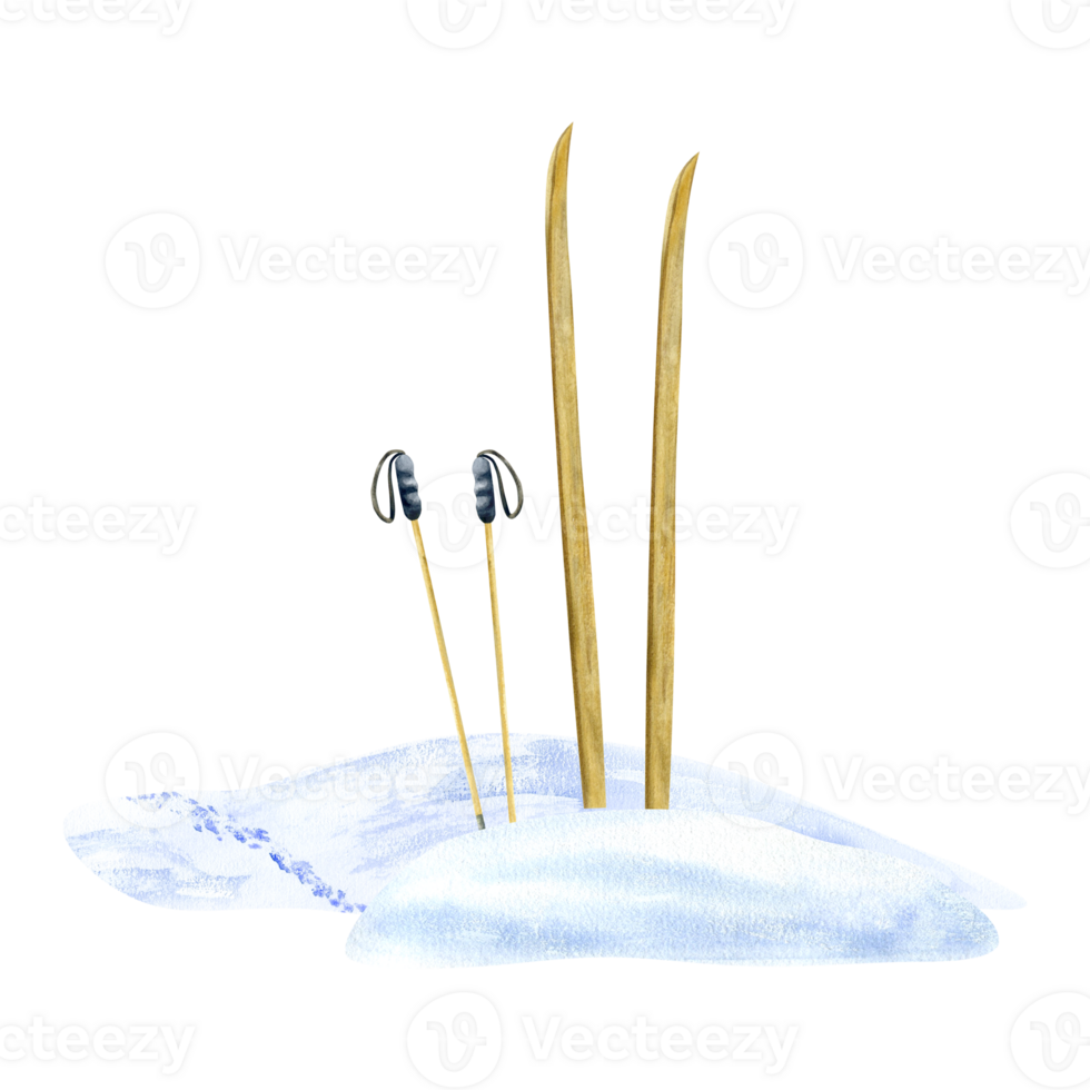 Skis and ski poles in a snowdrift. Composition, Watercolor illustration, hand-drawn on a background isolated. For decor, design, printing and polygraphy, advertising png