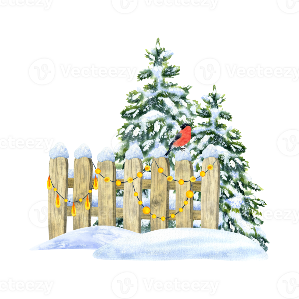 Plank wooden fence in snow with festive garland and bullfinch. Snow-covered fir trees. Watercolor illustration, hand-drawn on isolated background. For decor, design, printing, polygraphy png