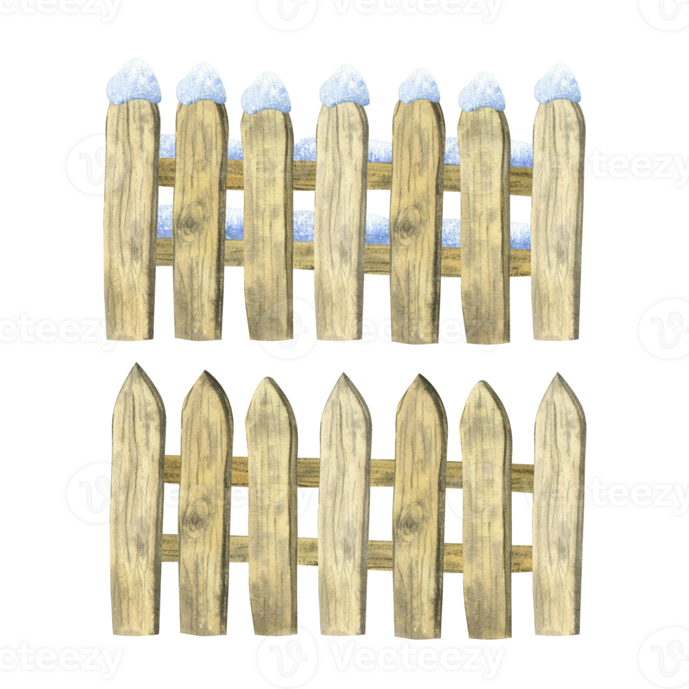Plank wooden fence. With and without snow. Set of hand-drawn watercolor illustrations on isolated background. For decor, design, printing, polygraphy png