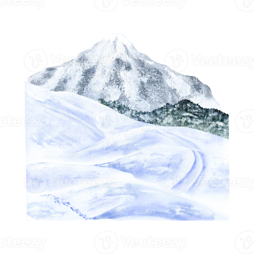 Winter mountain landscape. Peaks, forest, ski hill in the snow. Watercolor illustration, hand-drawn on isolated background. For decor, design, printing and polygraphy, advertising png