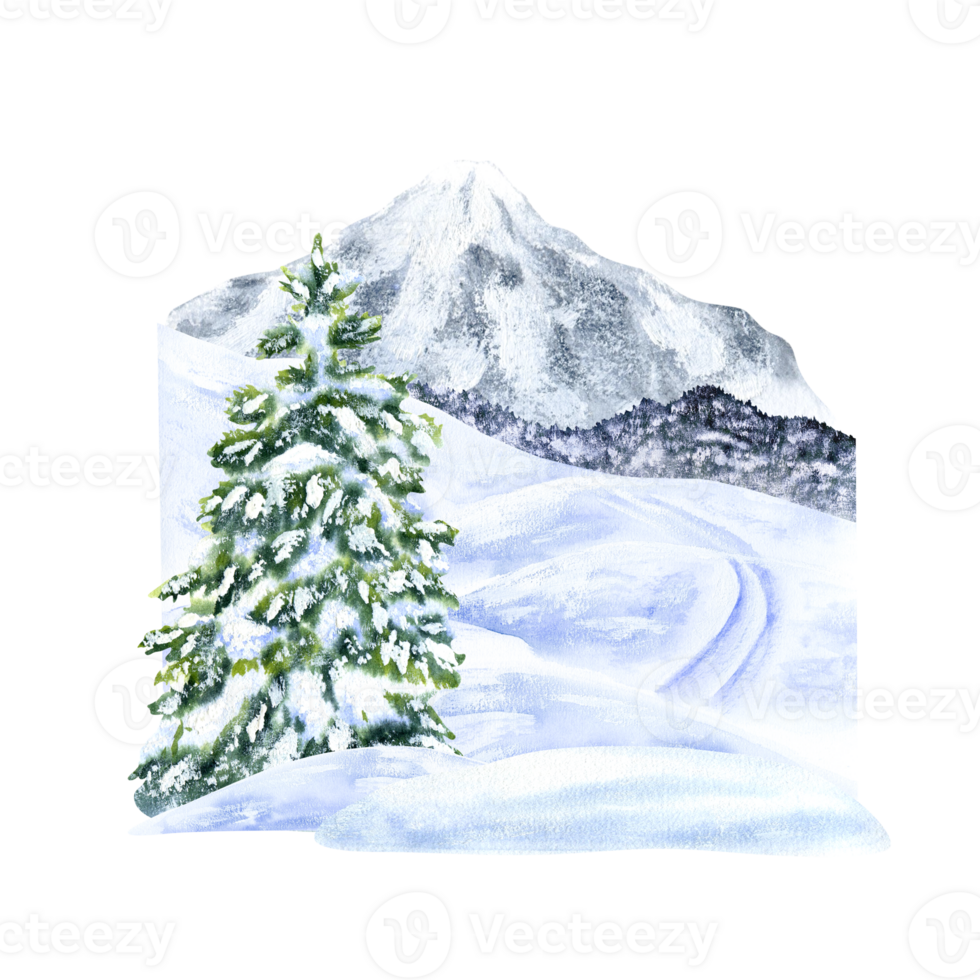 Winter mountain landscape. Peaks, forest, ski hill and spruce in the snow. Watercolor illustration, hand-drawn on the background isolated. For decor, design, printing and polygraphy, advertising png