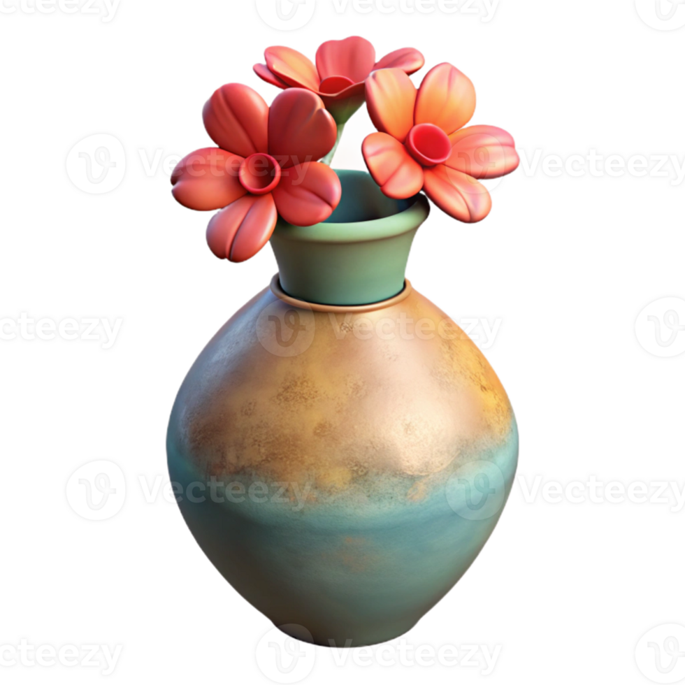 vibrant rustic Ceramic Vase with Flowers Side View Transparent Background authentic png