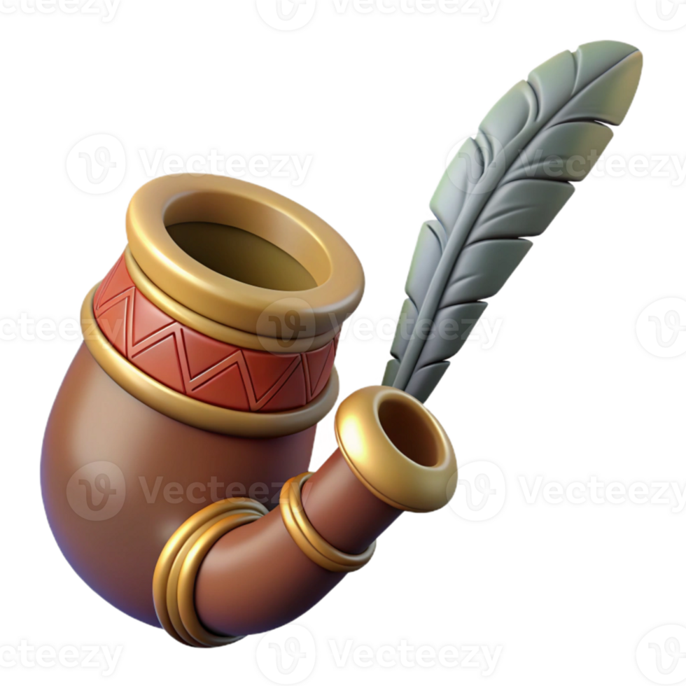 serene minimalist Ceremonial Pipe with Carvings and Feathers Transparent Background original png