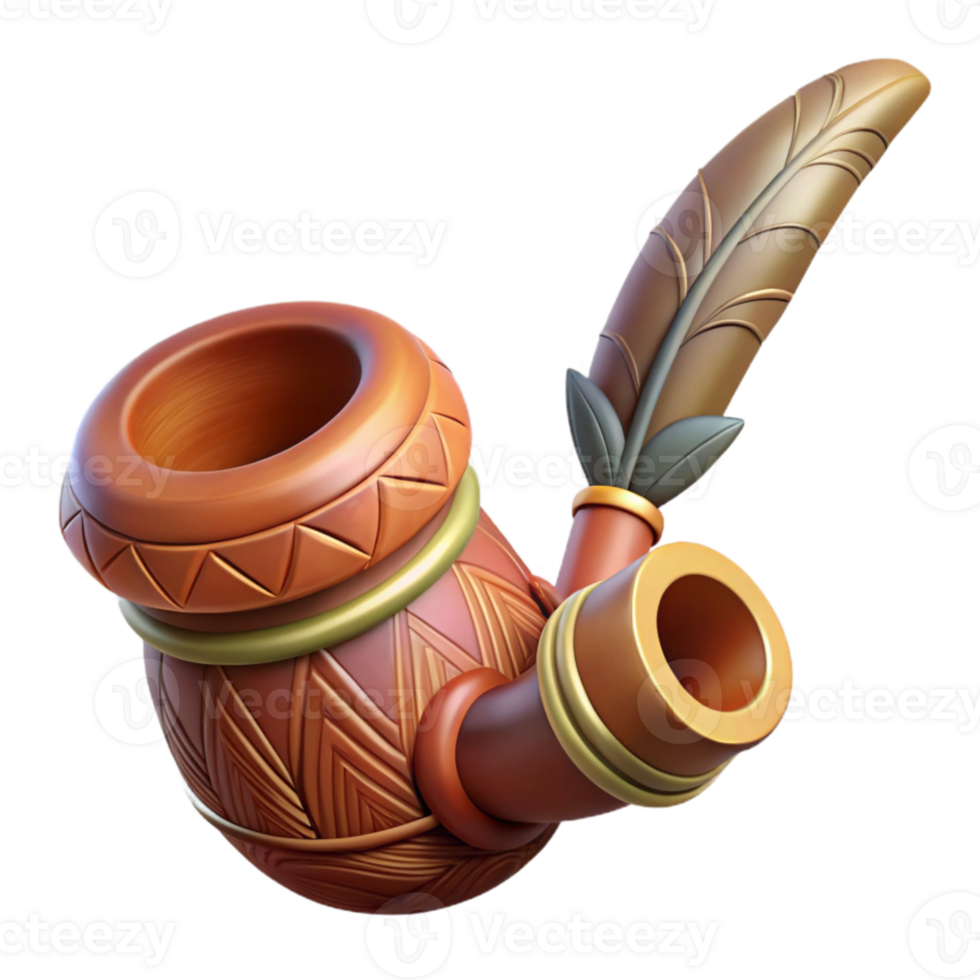 wonderful artistic Ceremonial Pipe with Carvings and Feathers Transparent Background high quality png