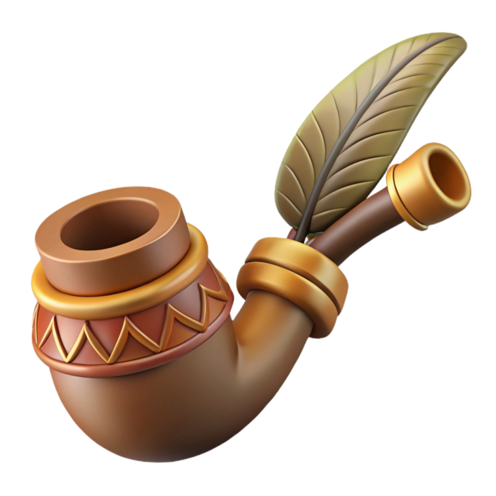 impressive rustic Ceremonial Pipe with Carvings and Feathers Transparent Background detailed png