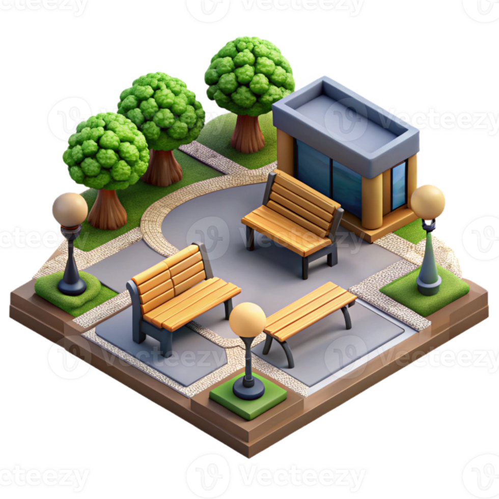 elegant creative City Park with Benches and Flowers Isolated detailed png
