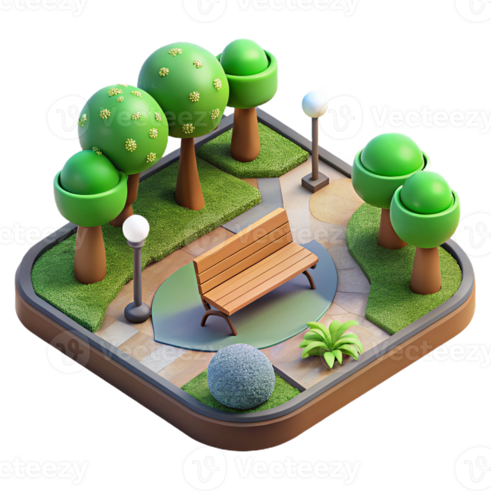 impressive rustic City Park with Benches and Flowers Isolated high resolution png
