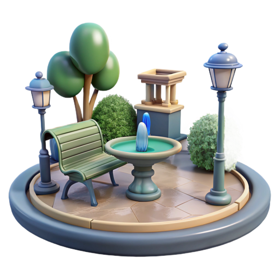 dramatic contemporary City Park with Fountain and Benches Isolated authentic png