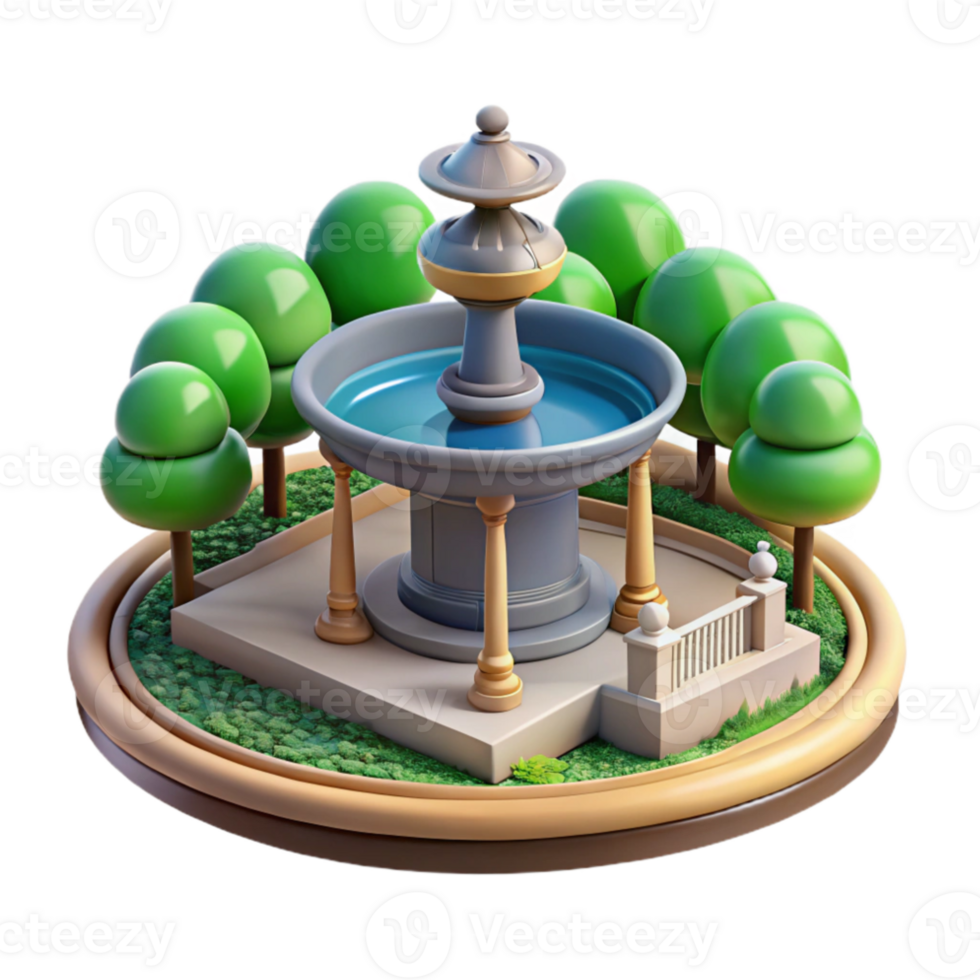 dramatic minimalist City Park with Fountain and Benches Isolated genuine png