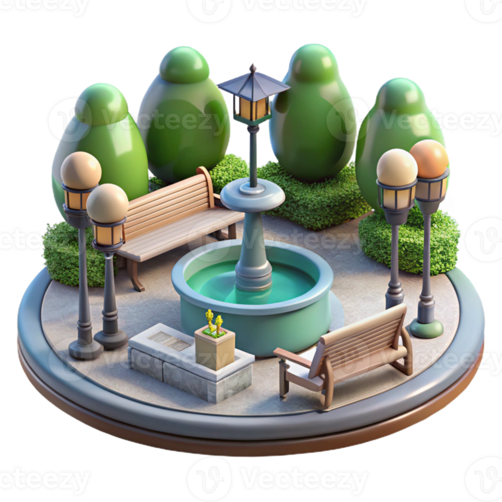 impressive rustic City Park with Fountain and Benches Isolated detailed png