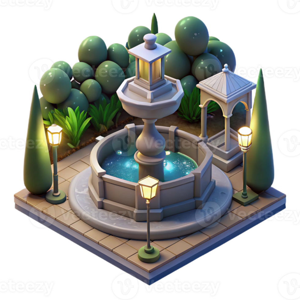 dramatic rustic City Park with Fountain and Benches Isolated exclusive png