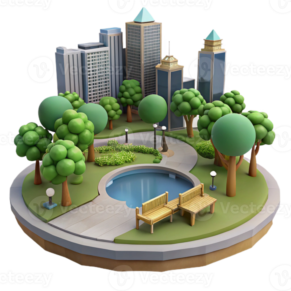 elegant artistic City Park with Lake and Trees Isolated high resolution png