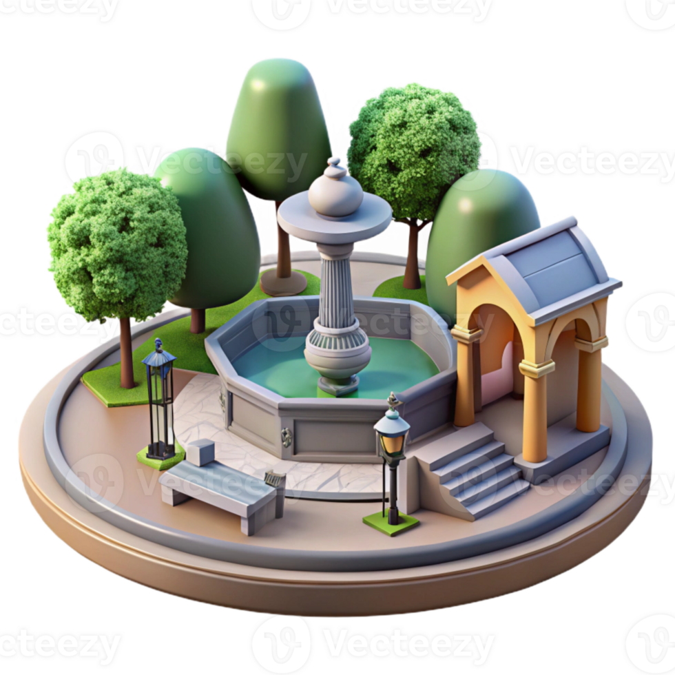 elegant abstract City Park with Sculpture and Fountain Cutout Element original png
