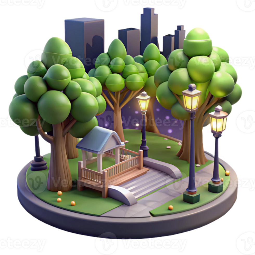 serene traditional City Park with Trees Night View Isolated png