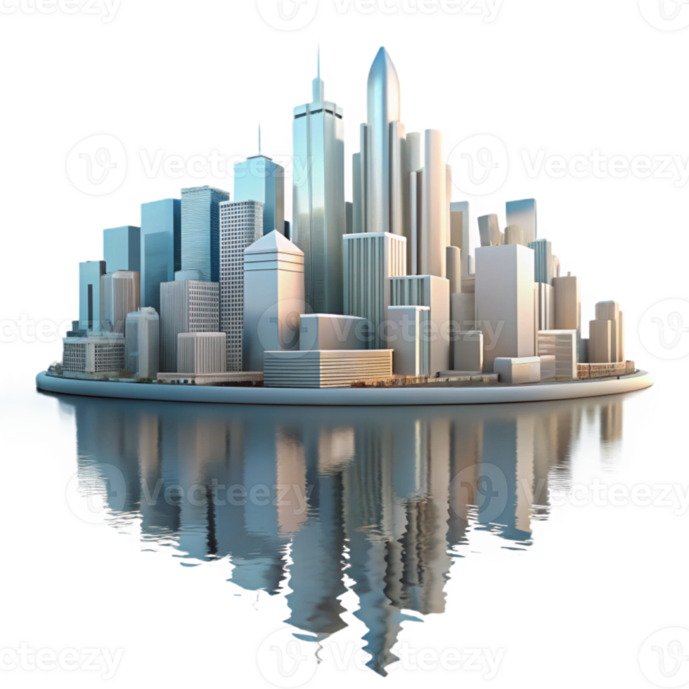 serene modern City Skyline Reflection in Water Isolated high quality png