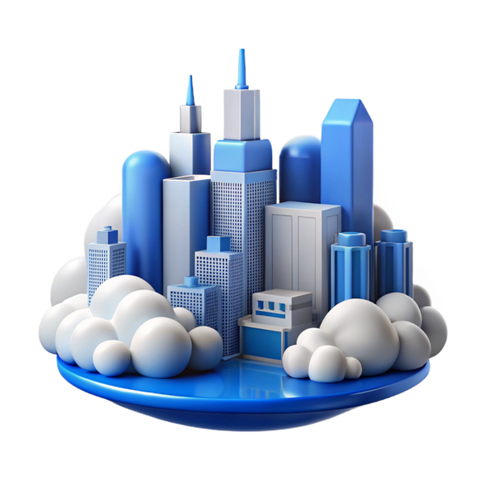 vibrant modern City Skyline with Clouds Blue Transparent Background premium png