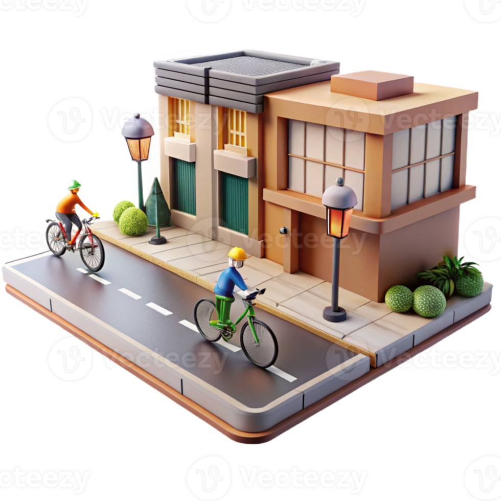 extraordinary contemporary City Street with Cyclists Side View Isolated on Transparent Background premium png