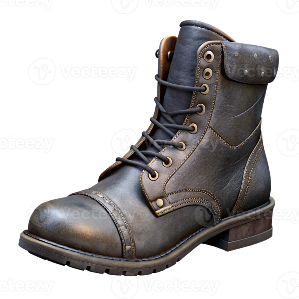 impressive creative Combat Boots Black Leather Side View Cutout Transparent Background high quality png