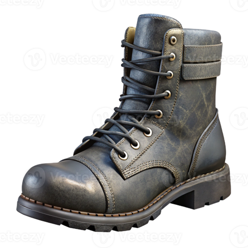 elegant rustic Combat Boots Black Leather Side View Cutout Transparent Background high resolution png