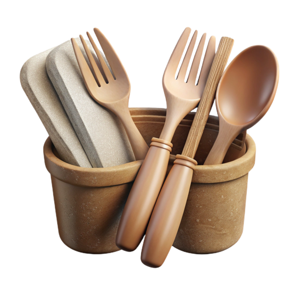 extraordinary abstract Compostable Cutlery Set Wooden Forks and Spoons Transparent Background high resolution png