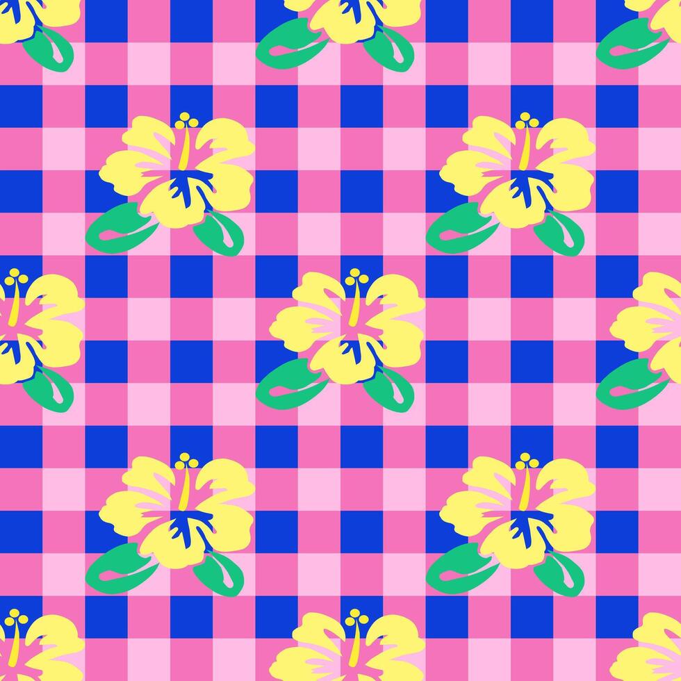 Pink Navy Gingham Seamless with hibiscus pattern vector