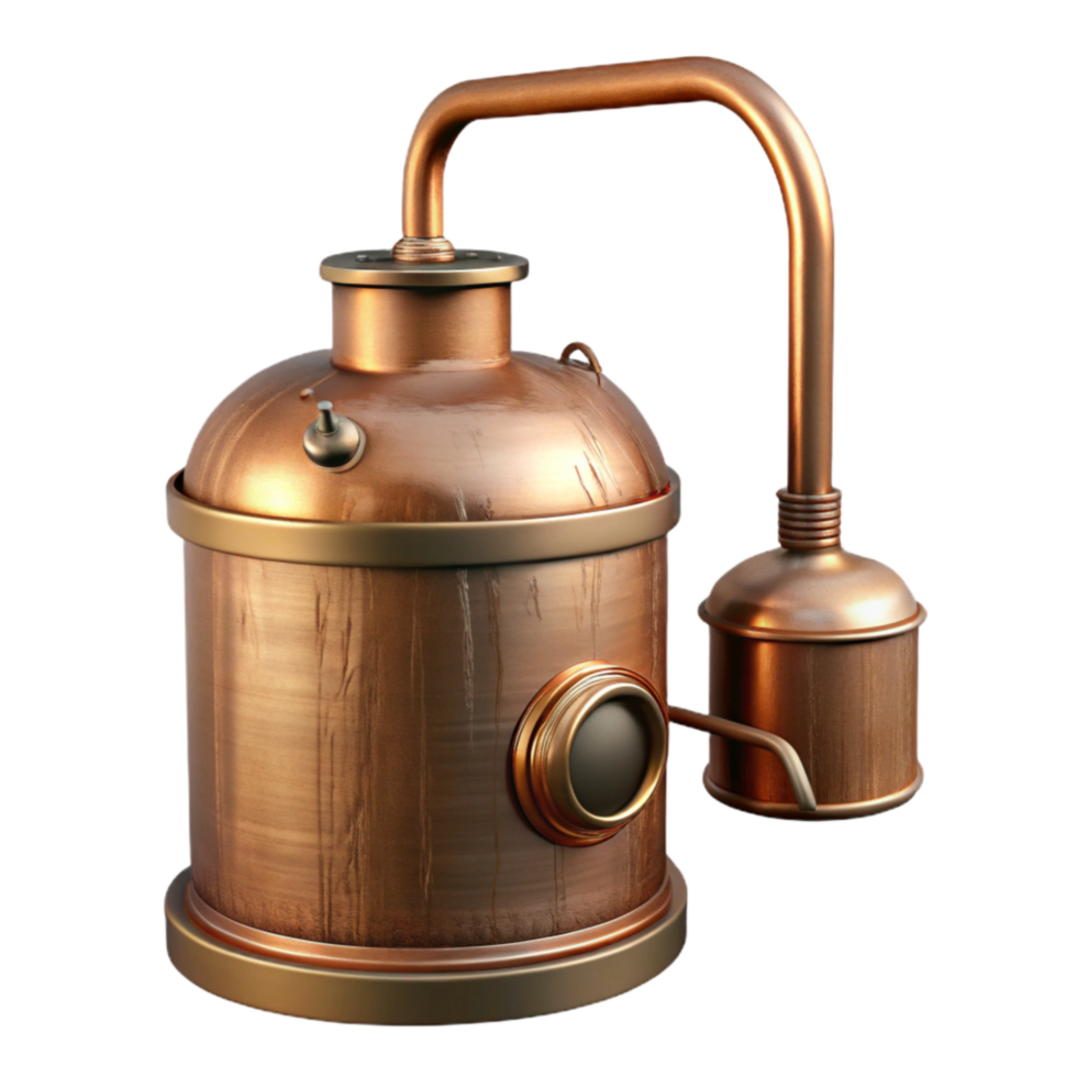 dramatic minimalist Copper Still with Worm Condenser Isolated Element professional png
