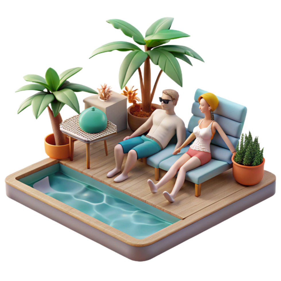 elegant vintage Couple Relaxing by Pool Side View Isolated exclusive png