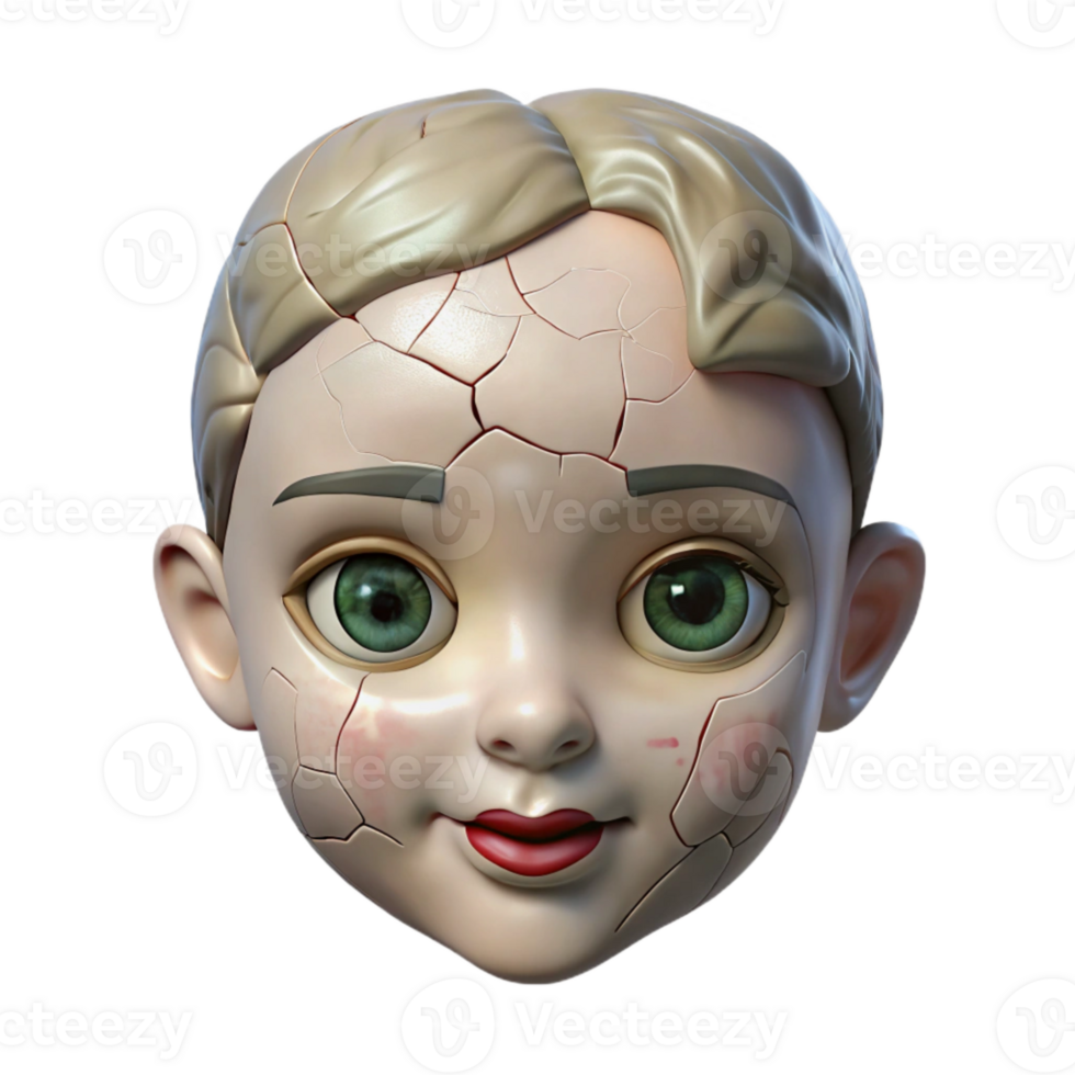 beautiful contemporary Cracked Porcelain Doll Face Isolated on Transparent Background png