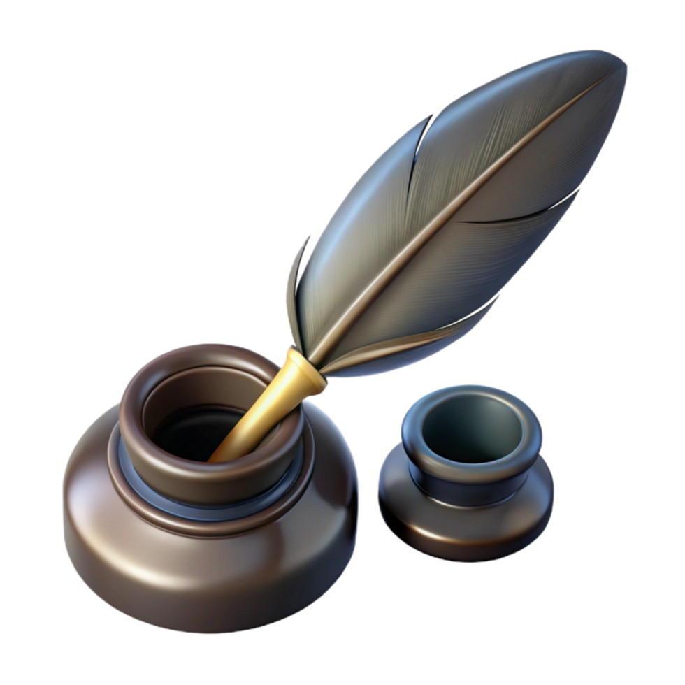 serene abstract Dark Academia Quill Pen and Inkwell Transparent Background Top View premium png